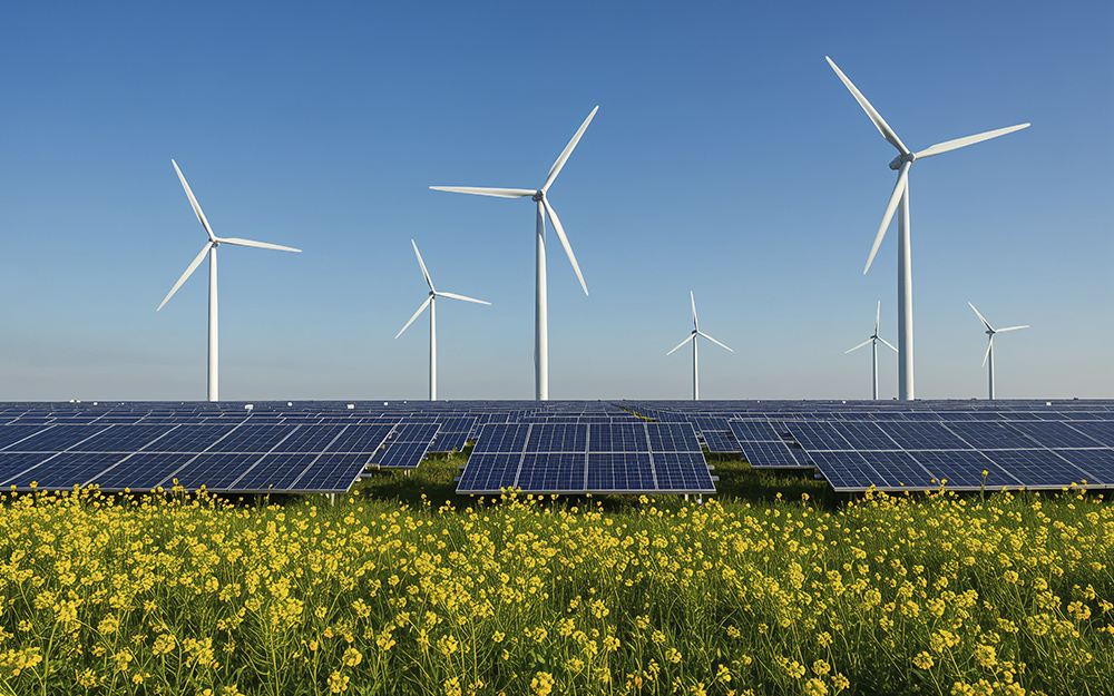 Molínos eólicos y paneles solares en el campo