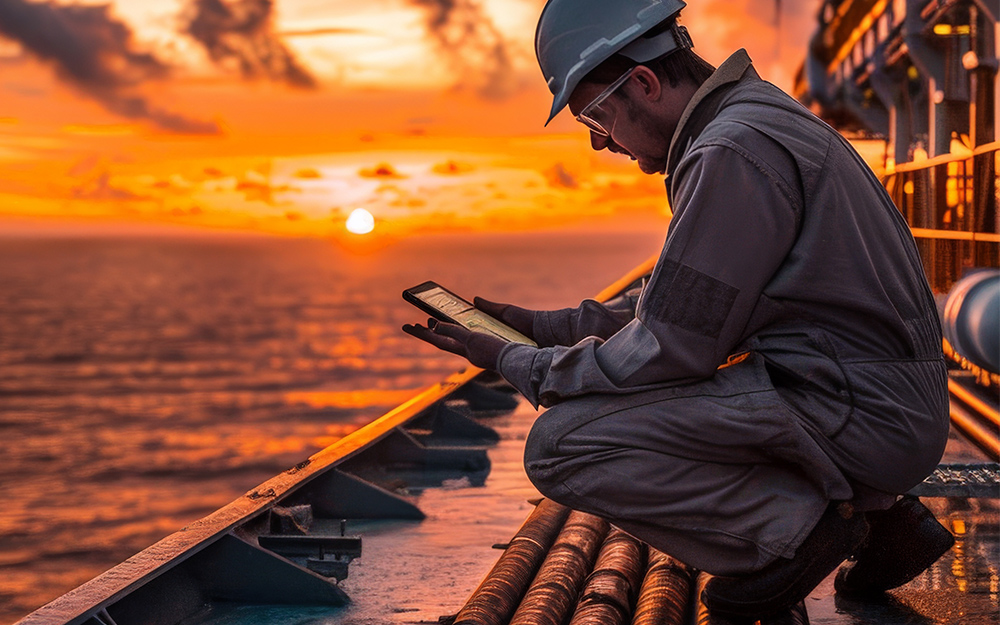 Ingeniero consultando información en una tablet sobre una plataforma marina