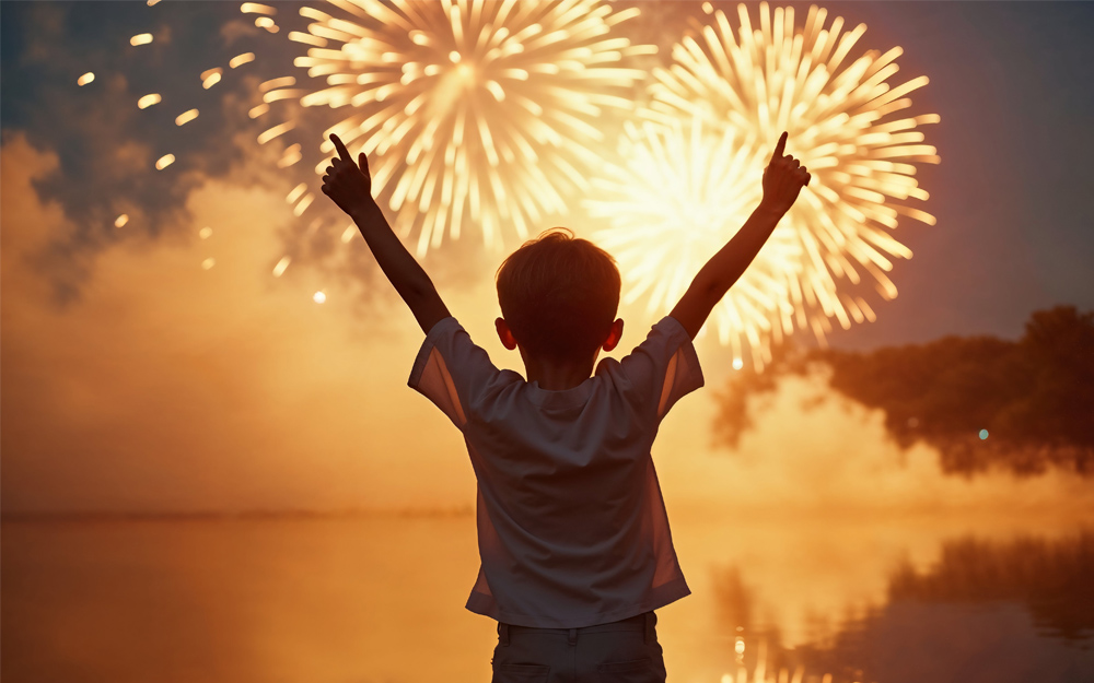Niño mirando entusiasmado unos fuegos artificiales.