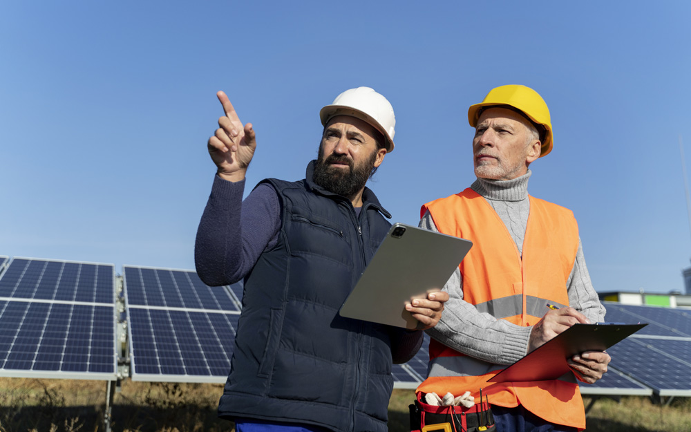 Ingenieros examinando una instalación foltovoltaica