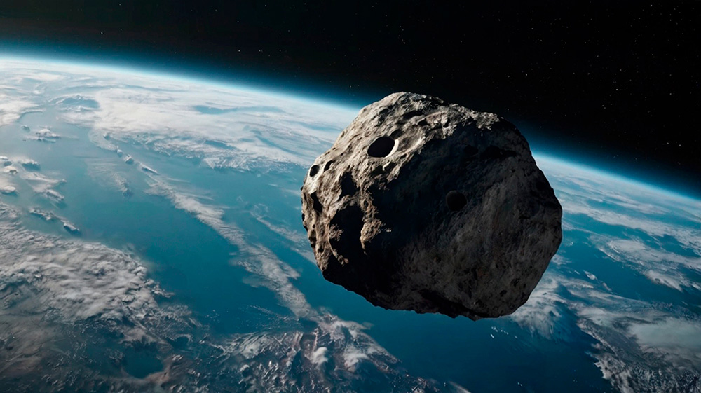 Imagen de un meteorito con la Tierra al fondo